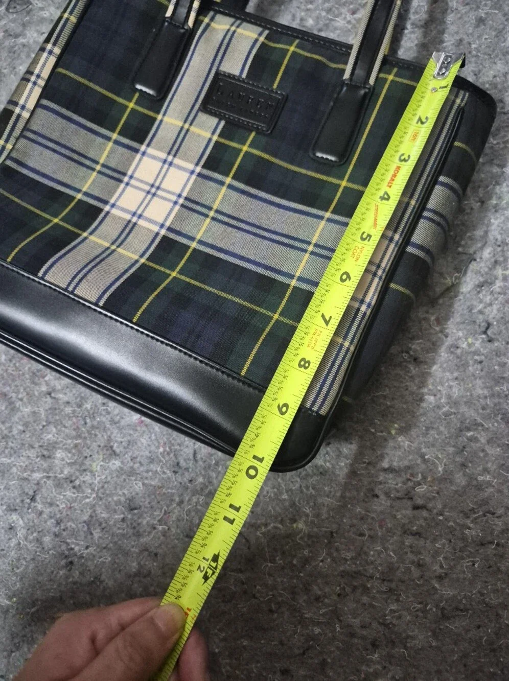 Lauren Ralph Lauren Navy Green Plaid Messenger with Black Leather Trim